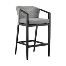 Armen Living Palma Outdoor Patio 5-Piece Bar Table Set Black with Grey Cushions