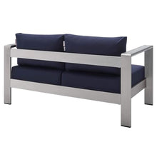 Afuera Living Outdoor Patio Loveseat, Fabric & Aluminum, Silver & Navy Finish, 56.5" W x 27.5" D x 25" H, All-Weather Cushions, Dense Foam Padding, Machine Washable Covers, Durable Backyard Seating