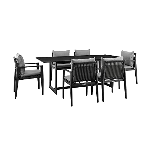 Armen Living Grand Outdoor Patio 7-Piece Dining Table Set in Aluminum with Grey Cushions