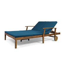 Christopher Knight Home Samantha Double Chaise Lounge for Yard and Patio, Acacia Wood Frame, Teak Finish with Blue Cushions