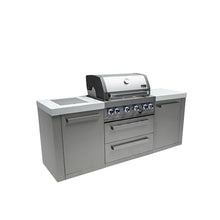 Mont Alpi Premium 82"W x 23"D x 46"H Stainless Steel Modular Outdoor Kitchen Island with Infrared Side Burner + 32"W 4-Burner BBQ Gas Grill + White Granite Countertops + Storage Cabinets + Drawers