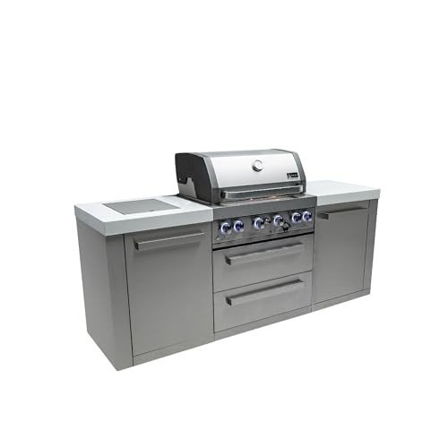 Mont Alpi Premium 82"W x 23"D x 46"H Stainless Steel Modular Outdoor Kitchen Island with Infrared Side Burner + 32"W 4-Burner BBQ Gas Grill + White Granite Countertops + Storage Cabinets + Drawers