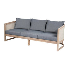 Christopher Knight Home Catania Acacia Wood Outdoor 3 Seater Sofa with Cushions, Wooden Patio Sofa Couch with Cushion, Comfy Garden Cloud Sofa Couch with Textilene Armrest, Grey+Light White