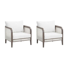 Nathan James Twila Boho Rattan Chair, Outdoor Lounge Chair, Cushioned Patio Chairs with Rattan Arms, Solid Wood Frame, Linen White Set of 2
