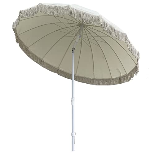 ARGENTFLUX Round Patio Umbrella Outdoor Portable Sun Shade Umbrella with Tassel Steel Pole Tilting Protection UPF, 16 Ribs, with Base