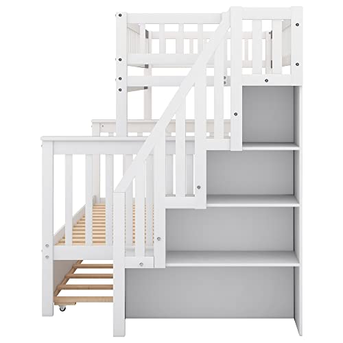 BOVZA Twin Over Full Bunk Bed with Trundle and Storage Stairs White