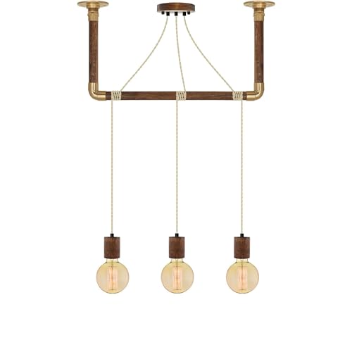 Beige and Wood Pendant Light Pipe Wrap with Brown Wood and Brass Ceiling Bracket - Hangout Lighting - 3 Pendants