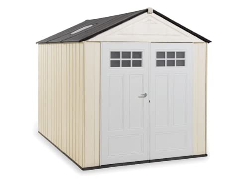 Rubbermaid Resin Outdoor Storage Shed With Floor (7 x 10.5 Ft), Weather Resistant, Beige/White, Organization for Home/Backyard/Garden Tools/Lawn Mower/Bike Storage/Pool Supplies