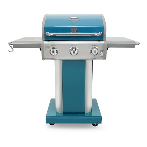 Kenmore 3-Burner Propane BBQ Grill, 30,000 BTUs Gas Grill with Cast Iron Cooking Grates, Folding Side Tables & Wheels, Outdoor Grill with Tool Hooks, Teal