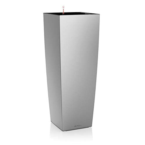 Lechuza CUBICO Alto Self Watering Planter Large Garden Flower Plant Pot Indoor/Outdoor Floor Planter with Drainage Hole and Plant Substrate Poly Resin H105 L40 W40 cm Silver Metallic