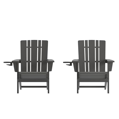 Taylor & Logan Hedley Adirondack Chair with Cup Holder, Weather Resistant HDPE Adirondack Chair in Gray, Set of 2