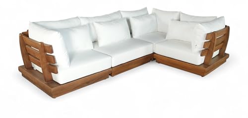 Meridian Furniture 111White-Sec4C Mirella Collection Modern | Contemporary Outdoor Patio L-Shaped 4pc. Modular Sectional with Solid Teak Frame, Water Resistant Fabric, 113" W x 76" D x 27" H, White