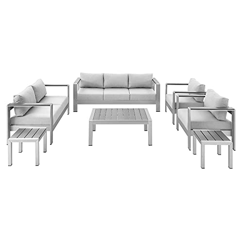 Lounge Sectional Sofa Chair Table Set, Aluminum, Silver Grey Gray, Modern, Outdoor Patio