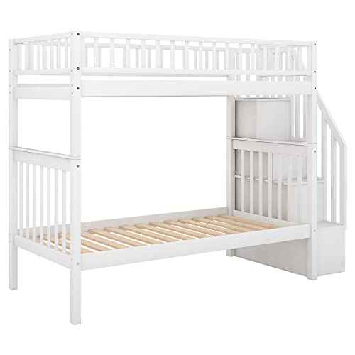 YOPTO Twin-Over-Twin Bunk Bed with Trundle and Storage Shelves White