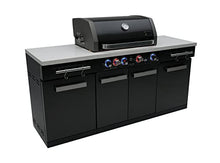 Mont Alpi Premium 70"W Black Stainless Steel Compact Outdoor Kitchen Island with 32"W 4-Burner BBQ Gas Grill + Universal Flat Top Griddle + Pizza Peel + Cleaning Brush + Spatulas + Tongs + Scraper