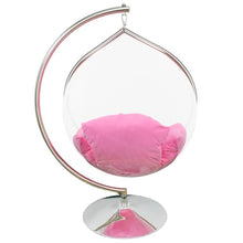 SK CHUMRA Hanging Chair - Transparent Acrylic Bubble, Waterdrop Shape, Indoor Swing Chair with Gold/Chrome Stand, Durable Fabric Cushion - Luxury Accent for Living Room, Bedroom (Chrome/Pink)