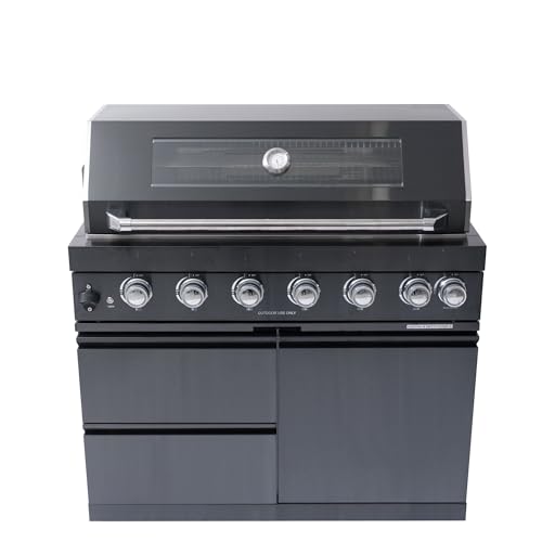 Six Burner Outdoor Gas Grill Island with Electric Spit Kit, Infrared Rear Heater,Stainless Steel Grates,Warming Rack,Lights,Gauge,Grease Tray,Storage Cabinets,Castor Wheels,Bottle Opener (Black)