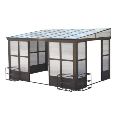 Outdoor Wall-Mounted Sunroom Gazebo, Heavy-Duty Patio Solarium with Detachable Windows, All Weather Screened Pavilion with Lockable Sliding Doors, Ideal for Garden, Backyard, Deck (10X14FT)