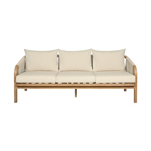 Armen Living Cypress Outdoor Patio Sofa in Blonde Eucalyptus Wood and Light Gray Rope with Ivory Olefin Cushions
