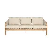 Armen Living Cypress Outdoor Patio Sofa in Blonde Eucalyptus Wood and Light Gray Rope with Ivory Olefin Cushions