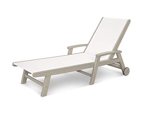 Polywood Coastal Chaise Lounge Sand/White - HDPE Outdoor Pool Lounge Chair - Adjustable Backrest Poolside Patio Furniture - Reclining Sun Lounger