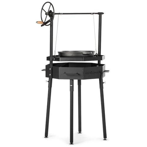 Ash & Ember Santa Maria Grill, Argentine Style Open Fire Grill, Adjustable Cooking Grate with Flywheel, BBQ Grill Comes with Cast Iron Skillet