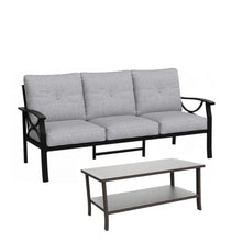 callmego Stylish All-Weather Metal Ottoman with Premium Fabric Cushion for Indoor and Outdoor Living Spaces (Black+ Gray + Polyester-1)