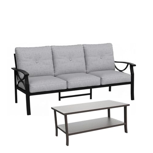 callmego Stylish All-Weather Metal Ottoman with Premium Fabric Cushion for Indoor and Outdoor Living Spaces (Black+ Gray + Polyester-1)