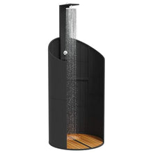 ZXQVLMRS Outdoor Shower Pool Side Freestanding Garden Shower with Acacia Wood Base and Rotatable Spray, Black PE Rattan, 39.4x39.4x95.1 Inches