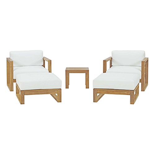 Modway Upland Teak Wood Outdoor Patio 5-Piece Sectional Sofa Set with Cushions in Natural White