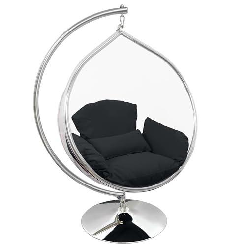SK CHUMRA Hanging Chair - Transparent Acrylic Bubble, Waterdrop Shape, Indoor Swing Chair with Gold/Chrome Stand, Durable Fabric Cushion - Luxury Accent for Living Room, Bedroom (Chrome/Black)