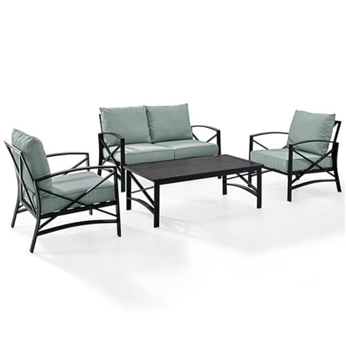 Afuera Living 4-Piece Outdoor Patio Sofa Set, Mist Green Cushions, Oil Rubbed Bronze Steel, Includes Loveseat, 2 Chairs, Coffee Table, Weatherproof Materials, UV-Fade Resistant, Seating for 4,