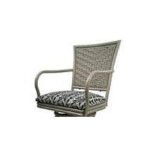 Pemberly Row Outdoor/Indoor Pub Set, 30 in Bar Height Stools with Arms, Beige Powder-Coated Frame, Simi Soft Gray Fabric, 36 in Round Table with Rust Center, Durable Design for Patio or Bar Use
