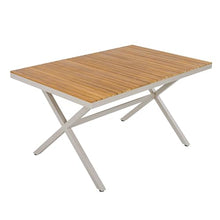 Christopher Knight Home Rado 55”L Wooden Outdoor Dining Table with Steel Frame, Sturdy Rectangular Patio Table for 4-6 People, Dining Room Table with Slatted Design and X-Shaped Legs, Teak + Beige