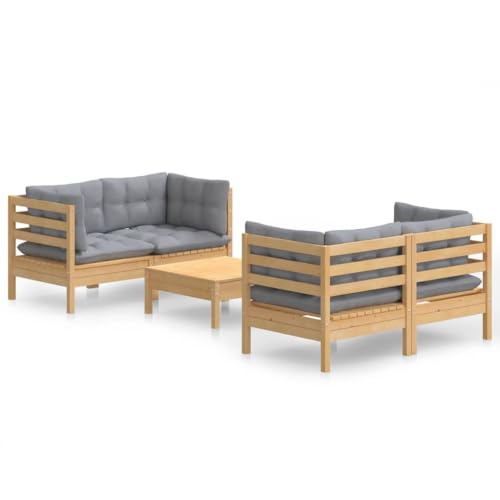 HGPOTUY 5 Piece Patio Lounge Set with Gray Cushions Solid Wood Outdoor