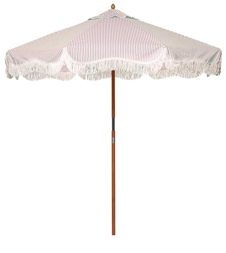 Business & Pleasure Co. Market Umbrella ~ 7' White Boho Fringe Outdoor Patio Umbrella, UPF 50+, 1.5" Wood Pole, 7’W x 8.5’H, Lauren's Pink Stripe