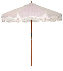 Business & Pleasure Co. Market Umbrella ~ 7' White Boho Fringe Outdoor Patio Umbrella, UPF 50+, 1.5" Wood Pole, 7’W x 8.5’H, Lauren's Pink Stripe