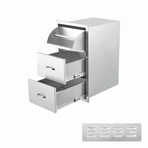 Patikuin Weatherproof Stainless Steel Outdoor Kitchen Drawers, 17" Triple BBQ Storage Cabinet for Patio Grill Island, Flush Mount