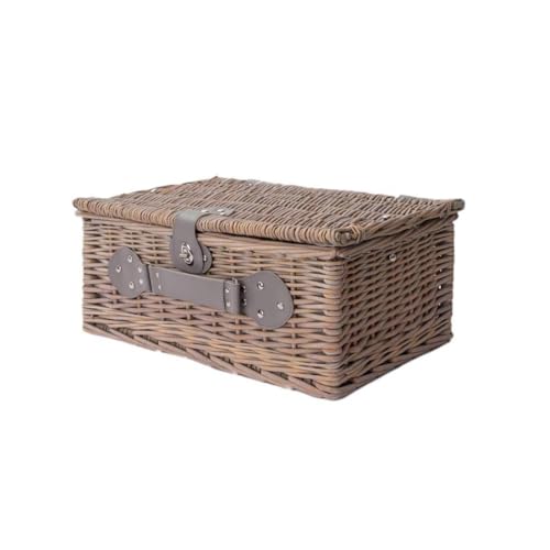 Hand-Woven Picnic Basket with Lid, Outdoor Rectangular Storage Box, Lightweight Wicker Basket for Camping, Travel, and Outdoor Dining