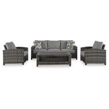 Signature Design by Ashley Oasis Court Outdoor Sofa Chair Table Set 4-Piece with Cushions and Pillows Grey