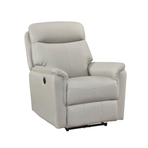 Lea Power Recliner Chair w USB, Foam Fill Light Gray Top Grain Leather