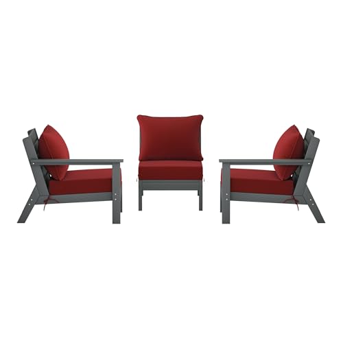 Costaelm Portsmouth Outdoor Patio HDPE Sectional Sofa with Deep Seating Patio Cushions, Gray/Red
