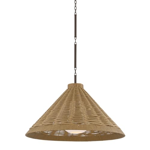 Troy Lighting Devlin 1-Light Pendant | Bronze Finish | Made of Natural Wicker & Natural Woven | Wet-Rated for Outdoor Use | Adjustable Hang Height 21-118" | 28" Dia x 19" H | F3328-BRZ