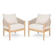 Christopher Knight Home Naomi Set of 2 Patio Acacia Wood Club Chair with Cushion, Handwoven Rope Lounge Chair Outdoor for Porch/Backyard, Stylish Garden Seating with Curved Backrest, Beige+Light Brown