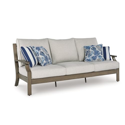 Benjara Inaya Outdoor Sofa, 4 Throw Pillows, Cream White, 89 Inch Brown Metal