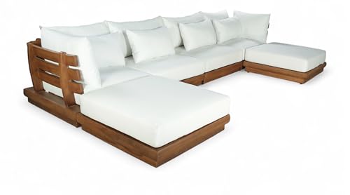 Meridian Furniture 111White-Sec6B Mirella Collection Modern | Contemporary Outdoor Patio U-Shaped 6pc. Modular Sectional with Solid Teak Frame, Water Resistant Fabric, 150" W x 75" D x 27" H, White