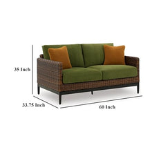 Benzara Izon Outdoor Loveseat, 2 Throw Pillows, Green, Brown Woven, 60 Inch