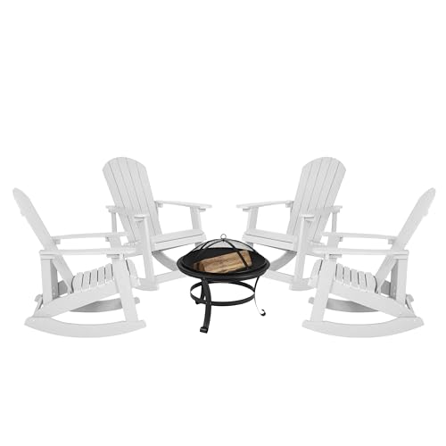 EMMA + OLIVER 4 Marcy Adirondack Rocking Chairs & Fire Pit Set White