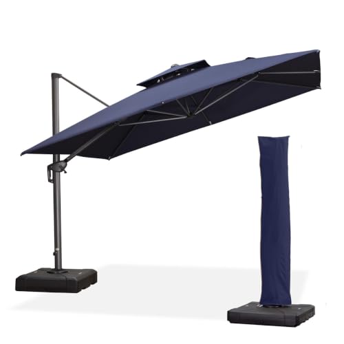 OROTLECT 11' Square Cantilever Umbrella With Base And Umbrella Cover With Zipper,Navy
