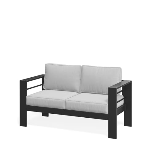 Seeheool 52" All-Weather Metal Loveseat Patio Sofa with Thick Light Gray Cushions & Black Frame